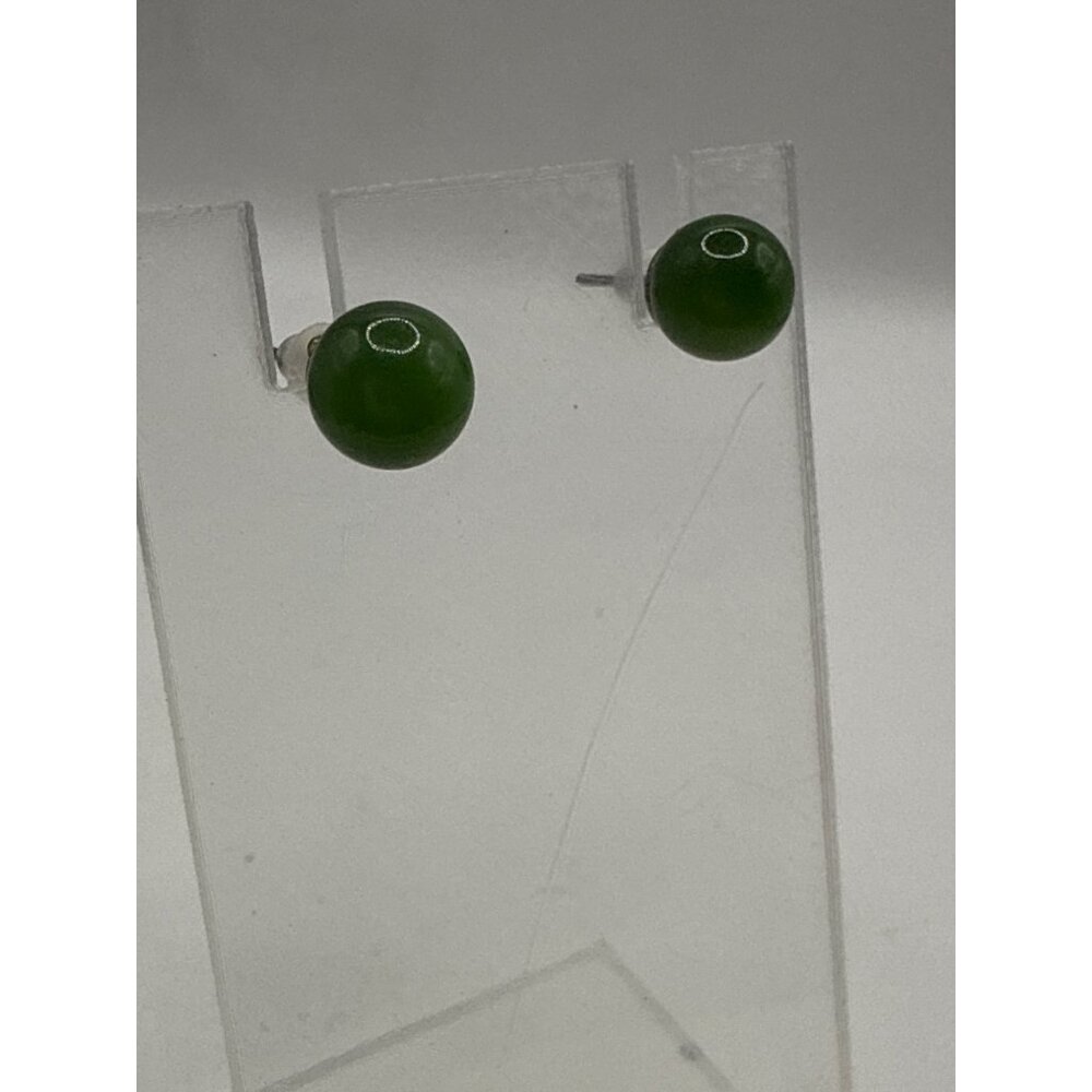 Green Jade Colored Ball Stud Earrings With Silver Tone Posts